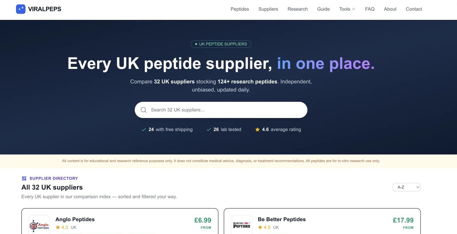 ViralPeps supplier directory with the headline "Every UK peptide supplier, in one place." copied from PeptideSupermarket®