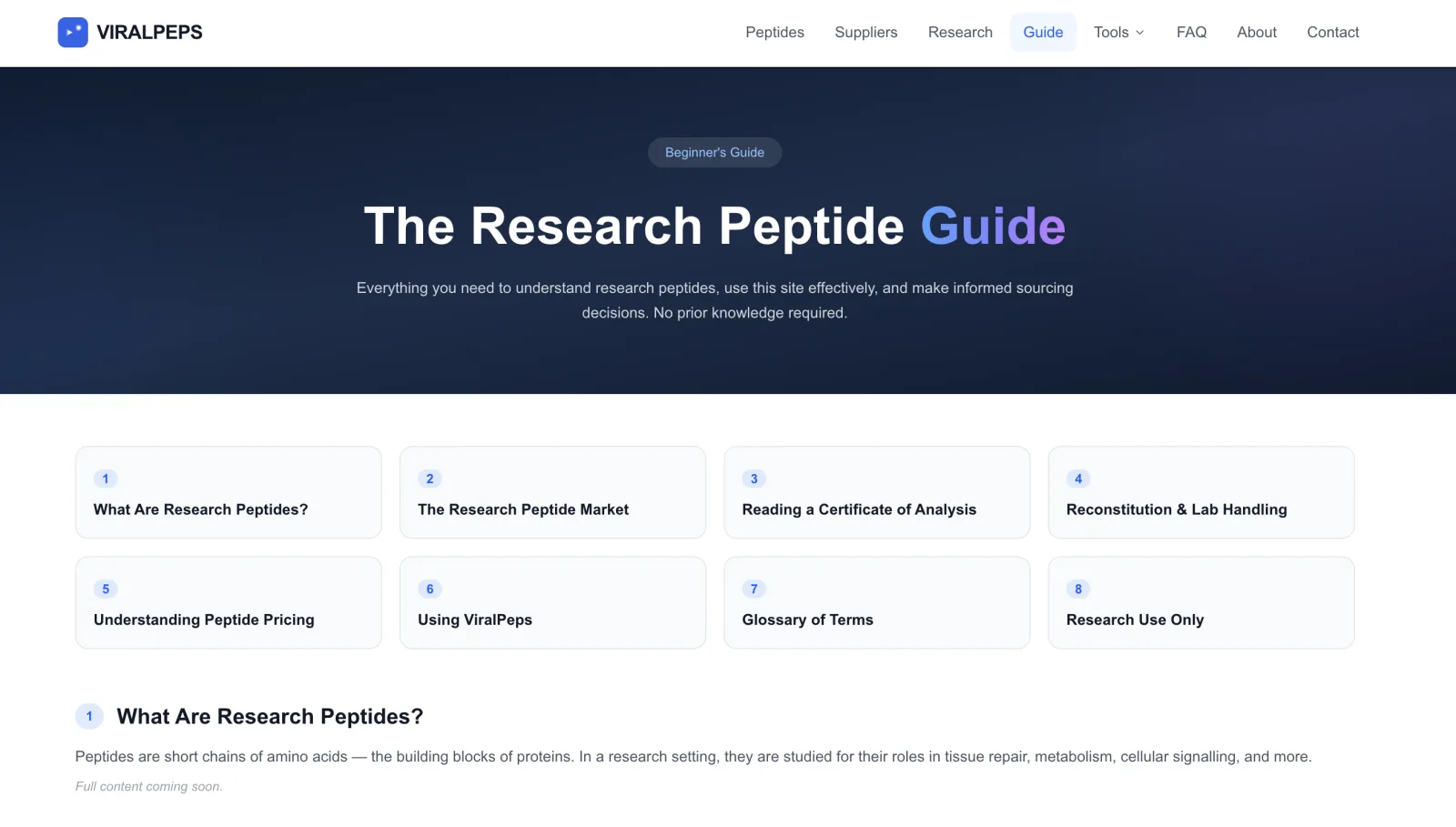 ViralPeps guide page titled "The Research Peptide Guide" with the introduction copied from PeptideSupermarket® and sections marked full content coming soon