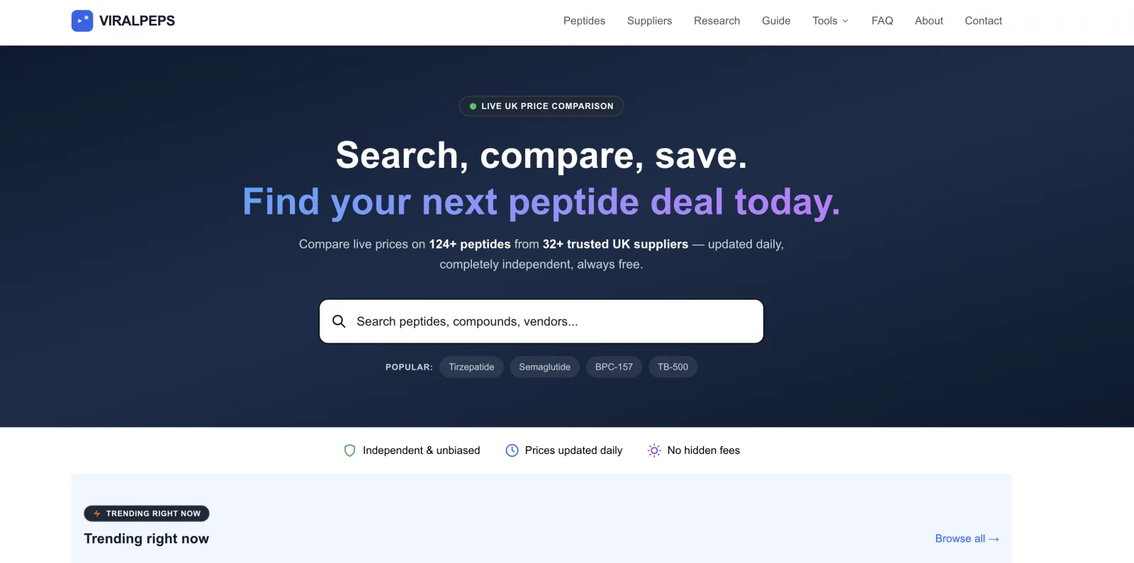 ViralPeps homepage with the headline "Search, compare, save. Find your next peptide deal today." copied word for word from PeptideSupermarket®